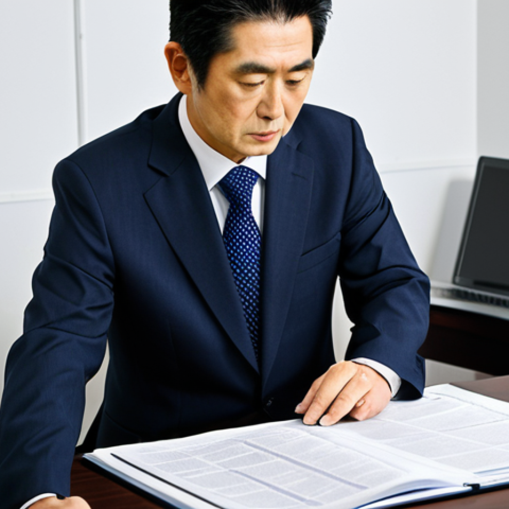 A professional Japanese administrative scrivener (Gyoseishoshi) in a modest, dark business suit, seated at a modern, clean office desk. They are respectfully explaining complex legal documents to a middle-aged male client, who is listening attentively. The desk is organized with a laptop and neatly stacked papers, creating an atmosphere of trust and efficiency. The lighting is bright and inviting. Perfect anatomy, correct proportions, natural pose, well-formed hands, proper finger count, natural body proportions. Safe for work, appropriate content, fully clothed, professional dress, high-quality professional photography.