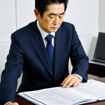 A professional Japanese administrative scrivener (Gyoseishoshi) in a modest, dark business suit, seated at a modern, clean office desk. They are respectfully explaining complex legal documents to a middle-aged male client, who is listening attentively. The desk is organized with a laptop and neatly stacked papers, creating an atmosphere of trust and efficiency. The lighting is bright and inviting. Perfect anatomy, correct proportions, natural pose, well-formed hands, proper finger count, natural body proportions. Safe for work, appropriate content, fully clothed, professional dress, high-quality professional photography.
