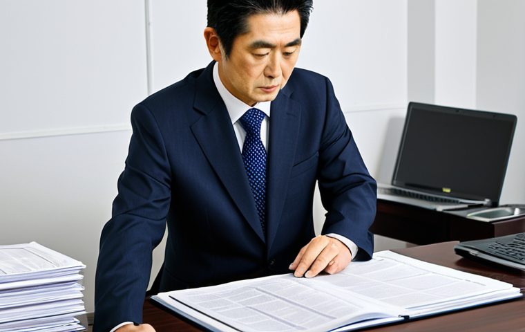 A professional Japanese administrative scrivener (Gyoseishoshi) in a modest, dark business suit, seated at a modern, clean office desk. They are respectfully explaining complex legal documents to a middle-aged male client, who is listening attentively. The desk is organized with a laptop and neatly stacked papers, creating an atmosphere of trust and efficiency. The lighting is bright and inviting. Perfect anatomy, correct proportions, natural pose, well-formed hands, proper finger count, natural body proportions. Safe for work, appropriate content, fully clothed, professional dress, high-quality professional photography.