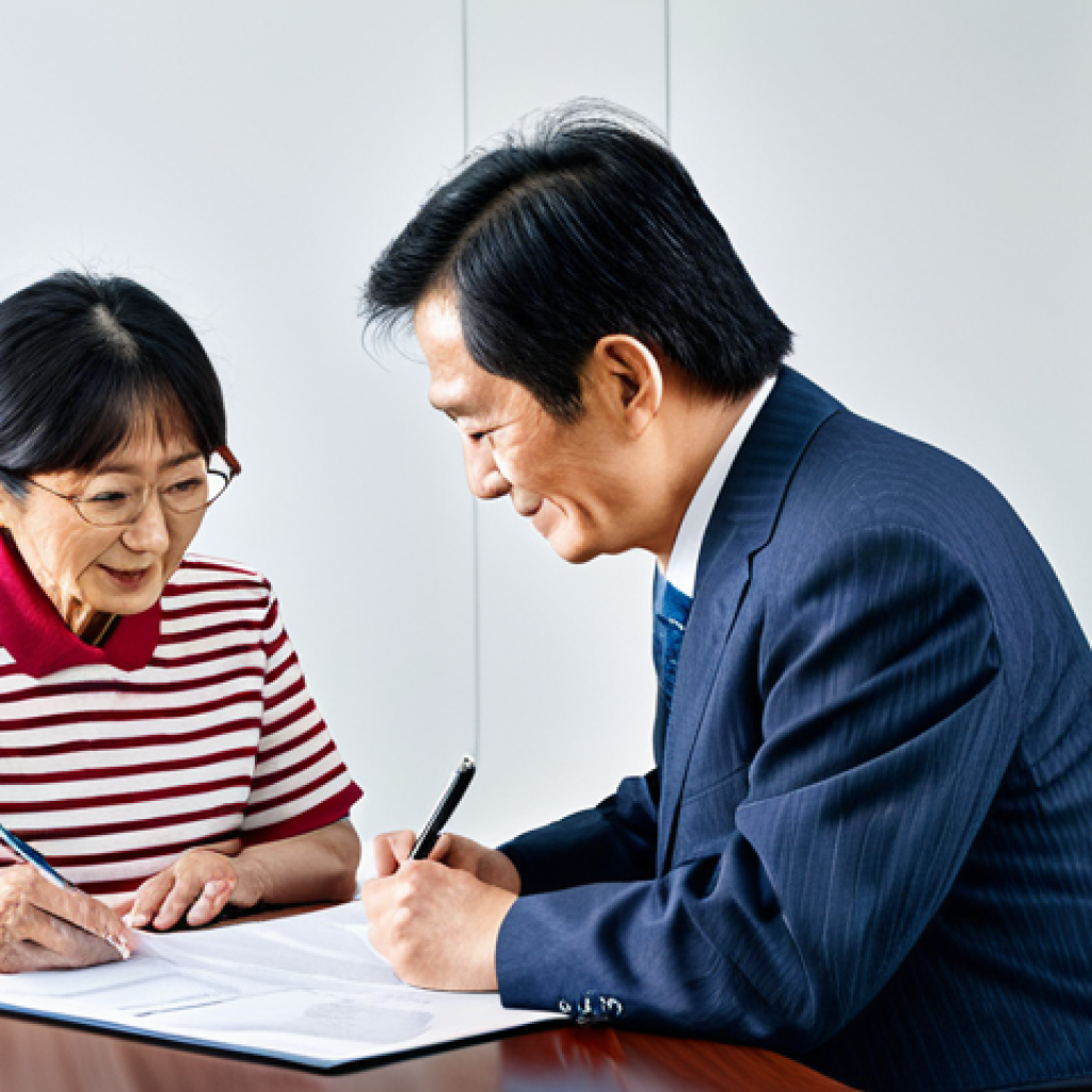A Japanese municipal administrative scrivener, wearing professional attire, assisting an elderly couple with estate planning documents in a bright, modern office. Fully clothed, appropriate content, safe for work, perfect anatomy, natural proportions, professional.