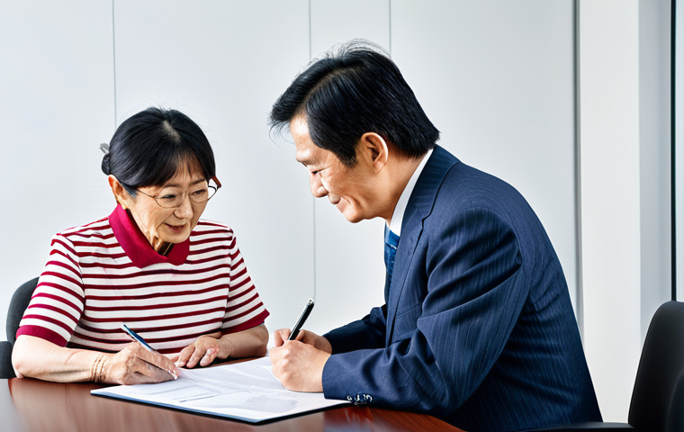 A Japanese municipal administrative scrivener, wearing professional attire, assisting an elderly couple with estate planning documents in a bright, modern office. Fully clothed, appropriate content, safe for work, perfect anatomy, natural proportions, professional.