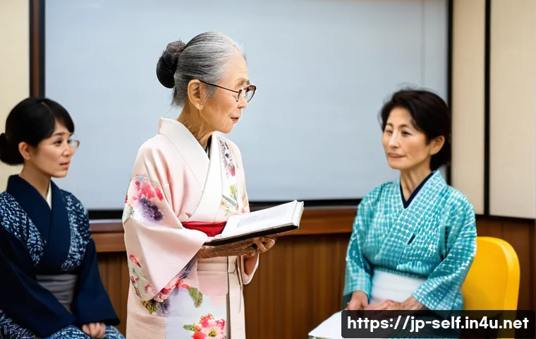 자치행정사 업무 필수 스킬 - A professional Japanese local government official attentively listening to elderly residents in a co...