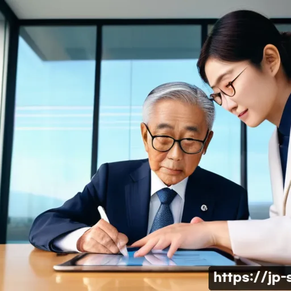 자치행정사 업무 고도화 - A professional Japanese local government administrator wearing a neat business suit and glasses, att...