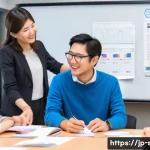 자치행정사 자격증 심화 과정 - A modern Japanese community center scene with diverse local government employees and citizens engage...