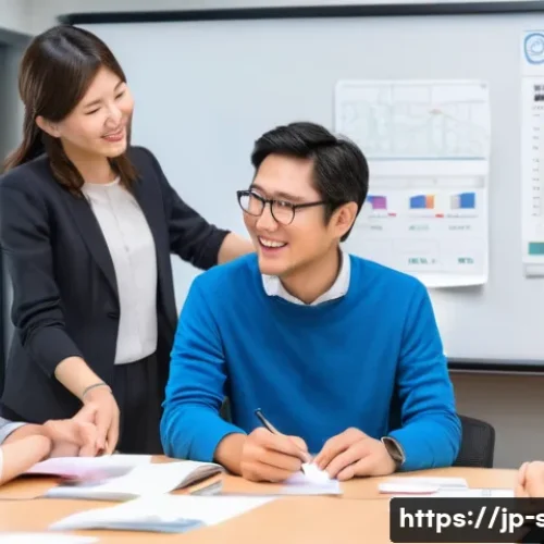 자치행정사 자격증 심화 과정 - A modern Japanese community center scene with diverse local government employees and citizens engage...