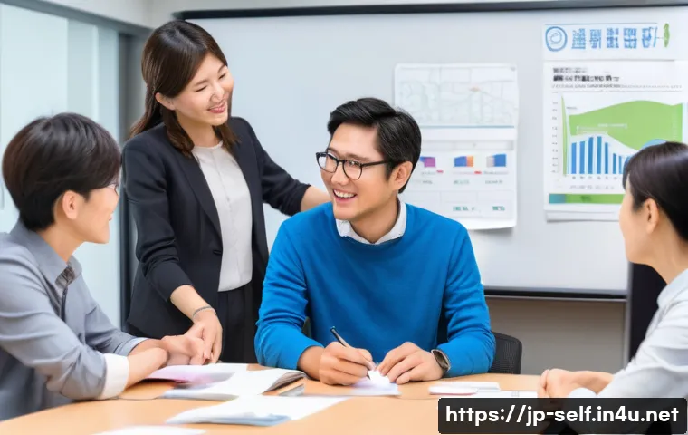 자치행정사 자격증 심화 과정 - A modern Japanese community center scene with diverse local government employees and citizens engage...