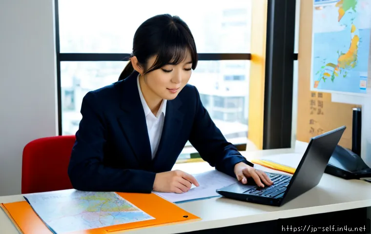자치행정사 직무 전문가로 성장하는 방법 - Photorealistic Japanese municipal administration professional studying at a tidy desk, reviewing bla...